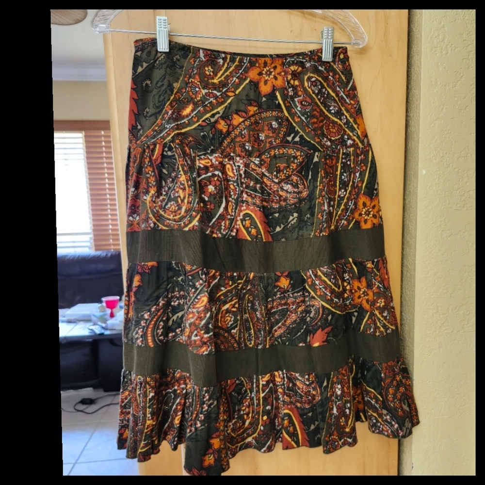 Green Corduroy Floral Paisley Print Midi Skirt Size 2P